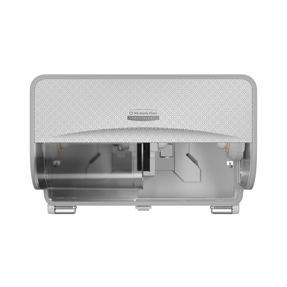 Front view of the gray, wall-mounted Kimberly-Clark Professional™ Icon™ toilet paper dispenser - small rolls from Kimberly-Clark GmbH with a patterned cover and transparent bottom, revealing the inner mechanism.