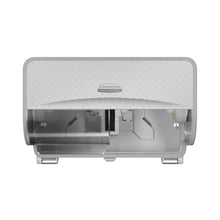 Front view of the gray, wall-mounted Kimberly-Clark Professional™ Icon™ toilet paper dispenser - small rolls from Kimberly-Clark GmbH with a patterned cover and transparent bottom, revealing the inner mechanism.