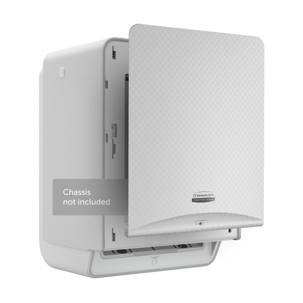 A white, rectangular Kimberly-Clark Professional™ Icon™ Dispenser Faceplate (33.02 x 37.47 x 3.18 cm) by Kimberly-Clark GmbH with a textured cover and logo is partially opened and labeled "Chassis not included".