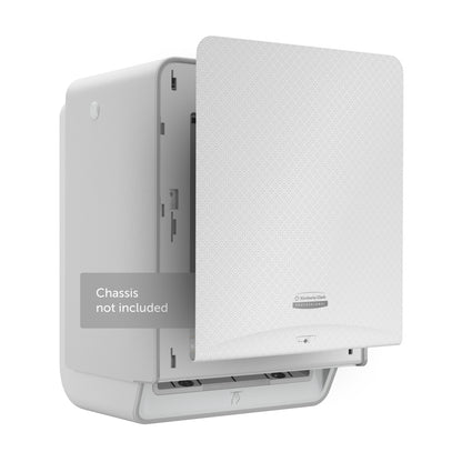 A white Kimberly-Clark Professional™ Icon™ Dispenser Faceplate - eHRT (33.02 x 37.47 x 3.18 cm) by Kimberly-Clark GmbH, depicted with an open front cover and labeled "Chassis not included," is mounted on a white background.
