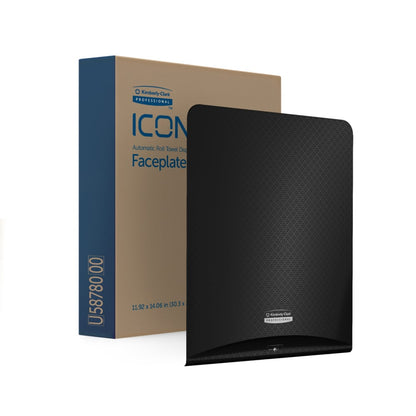 The Kimberly-Clark GmbH Professional™ Icon™ Dispenser Faceplate - eHRT (33.02 cm x 37.47 cm x 3.18 cm) is shown with its packaging - an ideal hygiene solution for modern washrooms.