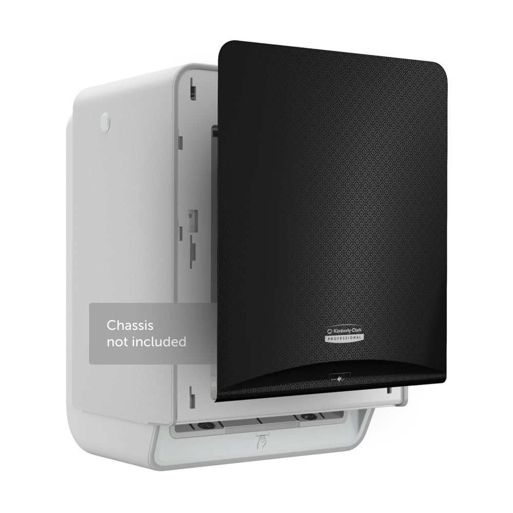 A Kimberly-Clark Professional™ Icon™ Dispenser Faceplate - eHRT (33.02 x 37.47 x 3.18 cm) by Kimberly-Clark GmbH is partially opened on a white pedestal labeled "Chassis not included" and shows a subtle, textured pattern on a white background.
