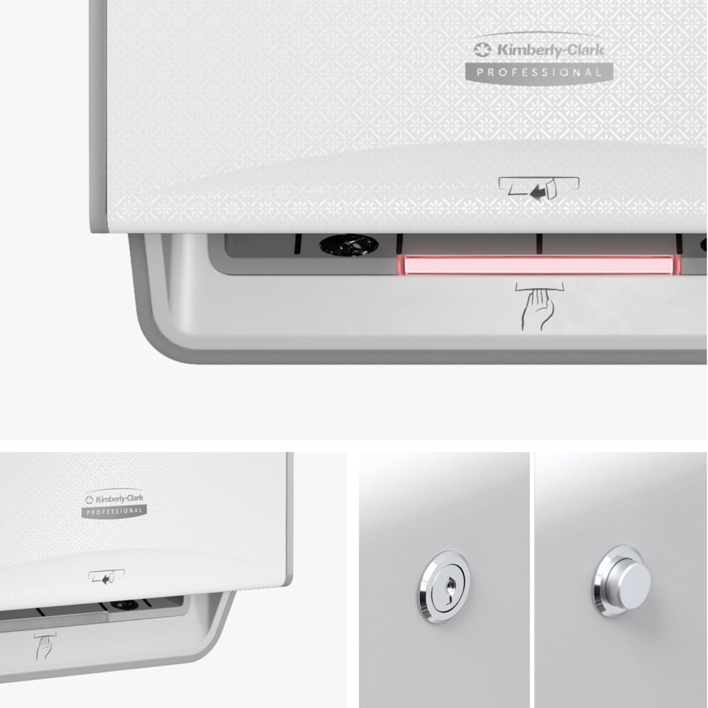 The Kimberly-Clark Professional™ Icon™ Electronic Hand Towel Dispenser in White by Kimberly-Clark GmbH is shown from multiple angles, highlighting the touchless operation, locking mechanism, paper symbol, and key slot for hygienic hand drying.