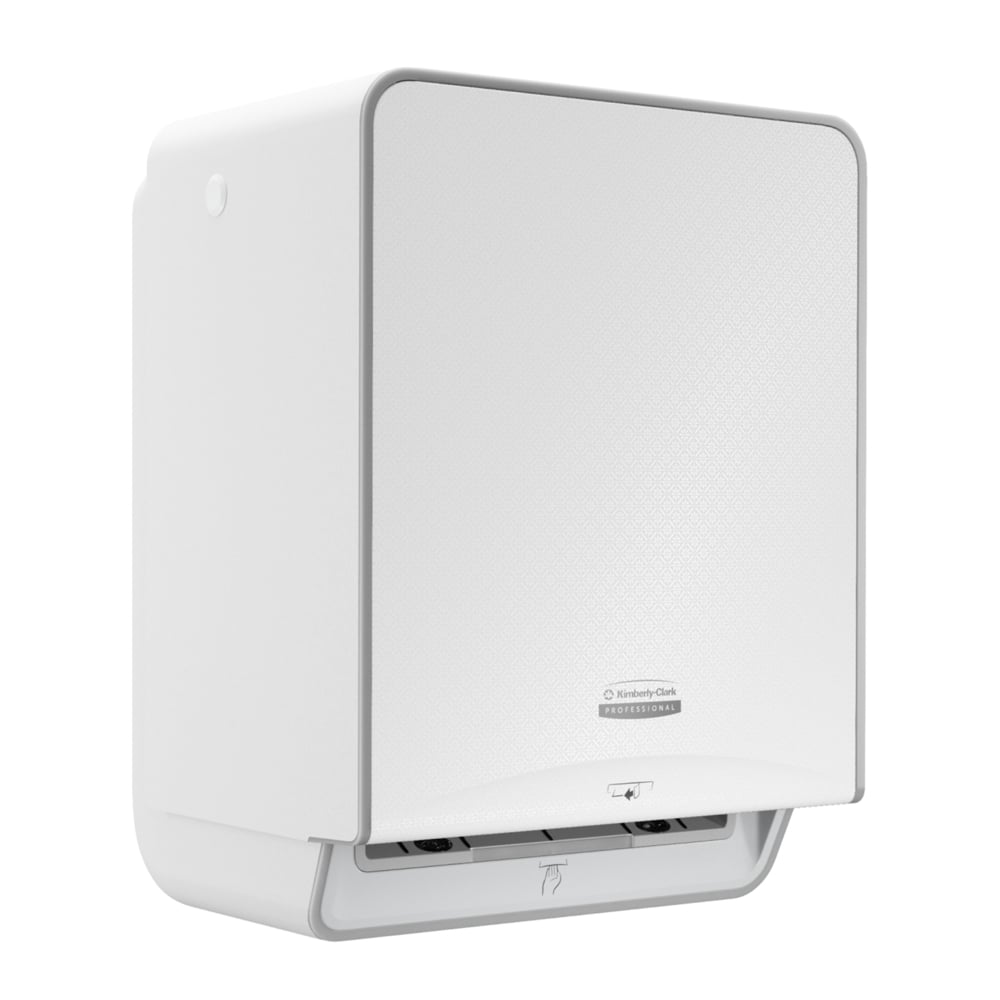 The Kimberly-Clark Professional™ Icon™ Electronic Hand Towel Dispenser in White has a rectangular shape with rounded edges, a wall-mounted design, a logo on the front, and an opening at the bottom for hygienic, touchless hand drying.