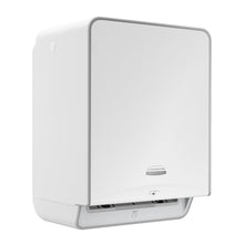 The Kimberly-Clark Professional™ Icon™ Electronic Hand Towel Dispenser in White has a rectangular shape with rounded edges, a wall-mounted design, a logo on the front, and an opening at the bottom for hygienic, touchless hand drying.