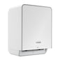The Kimberly-Clark Professional™ Icon™ Electronic Hand Towel Dispenser in White has a rectangular shape with rounded edges, a wall-mounted design, a logo on the front, and an opening at the bottom for hygienic, touchless hand drying.