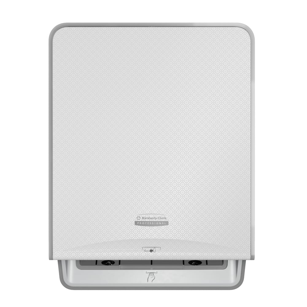 The Kimberly-Clark Professional™ Icon™ Electronic Rolled Hand Towel Dispenser in white by Kimberly-Clark GmbH features touchless operation, a subtle texture, and a slot with a hand symbol for hygienic hand drying.