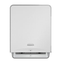 The Kimberly-Clark Professional™ Icon™ Electronic Rolled Hand Towel Dispenser in white by Kimberly-Clark GmbH features touchless operation, a subtle texture, and a slot with a hand symbol for hygienic hand drying.