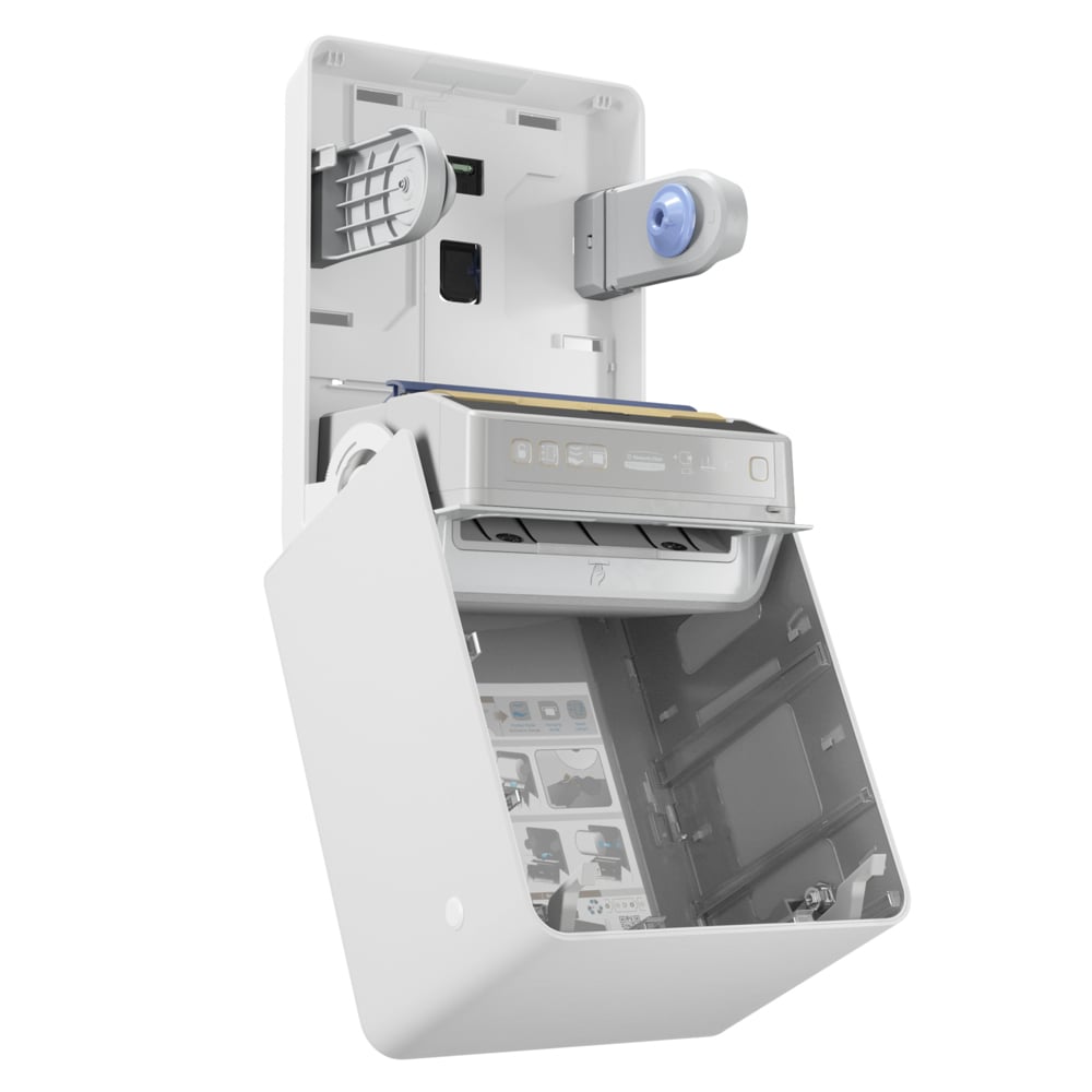 The Kimberly-Clark Professional™ Icon™ Electronic Rolled Hand Towel Dispenser in White by Kimberly-Clark GmbH is wall-mounted with an open flap, showing compartments, connectors, illustrated instructions, and a sensor for touchless hygienic hand drying.