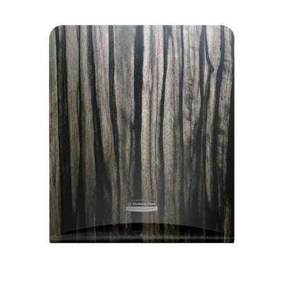 The Kimberly-Clark Professional™ Icon™ Dispenser Faceplate - eHRT (33.02 x 37.47 x 3.18 cm) from Kimberly-Clark GmbH features a dark wood grain pattern and a logo, making it an elegant choice for any hygiene area.