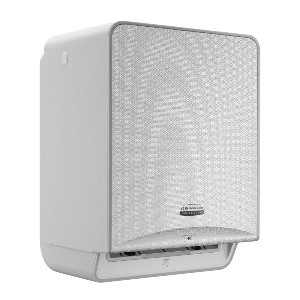 The Kimberly-Clark Professional™ Icon™ Electronic No Touch - Loose Module - Roll / Silver Mosaic from Kimberly-Clark GmbH is a wall-mounted, touchless paper towel dispenser with a textured silver mosaic front and a bottom opening for towel dispensing.