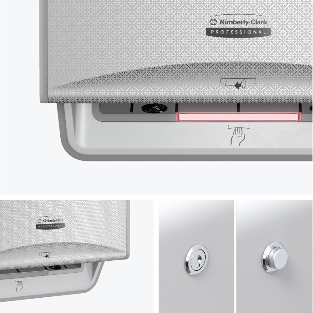 A Kimberly-Clark Professional™ Icon™ Electronic No Touch - Loose Module - Roll / Silver Mosaic from Kimberly-Clark GmbH is shown from various angles, highlighting the logo, buttons, and touchless towel dispensing.