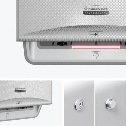 A Kimberly-Clark Professional™ Icon™ Electronic No Touch - Loose Module - Roll / Silver Mosaic from Kimberly-Clark GmbH is shown from various angles, highlighting the logo, buttons, and touchless towel dispensing.