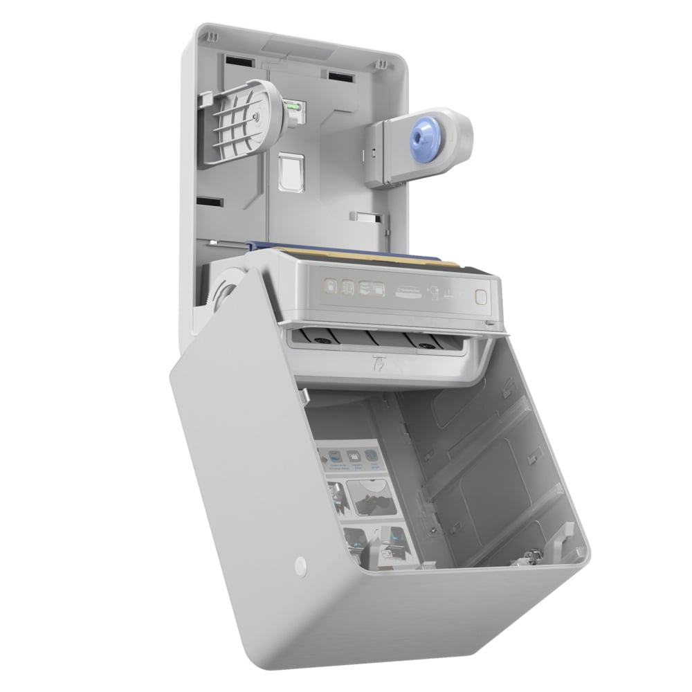 The Kimberly-Clark Professional™ Icon™ Electronic No Touch - Loose Module - Roll / Silver Mosaic from Kimberly-Clark GmbH is a wall-mounted, open dispenser with visible components and a pictorial guide on the inside of the front cover.