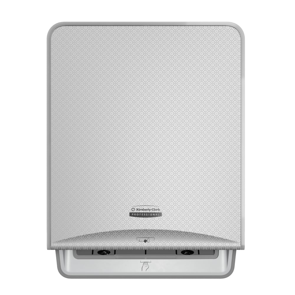 A silver mosaic, wall-mounted Kimberly-Clark Professional™ Icon™ electronic No Touch-Loose Module Roll from Kimberly-Clark GmbH with a patterned front panel, central logo, and a slot at the bottom for touchless towel dispensing.
