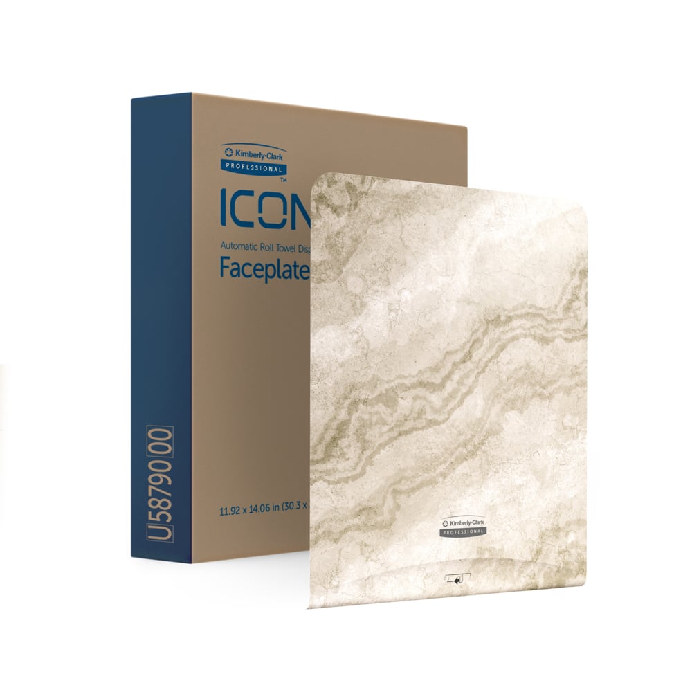 A rectangular, marbled, beige Kimberly-Clark Professional™ Icon™ Dispenser Faceplate (33.02 x 37.47 x 3.18 cm) by Kimberly-Clark GmbH stands in front of a blue-brown ICON dispenser box for automatic roll towels - ideal for your hygiene needs.