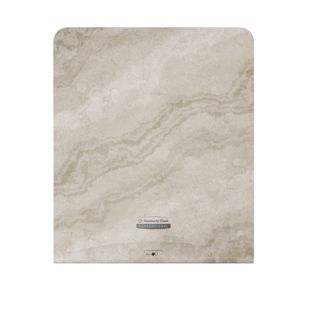 The Kimberly-Clark Professional™ Icon™ Dispenser Faceplate - eHRT (33.02 x 37.47 x 3.18 cm) by Kimberly-Clark GmbH features a beige marble design and a central logo, adding elegance to your washroom accessory collection.