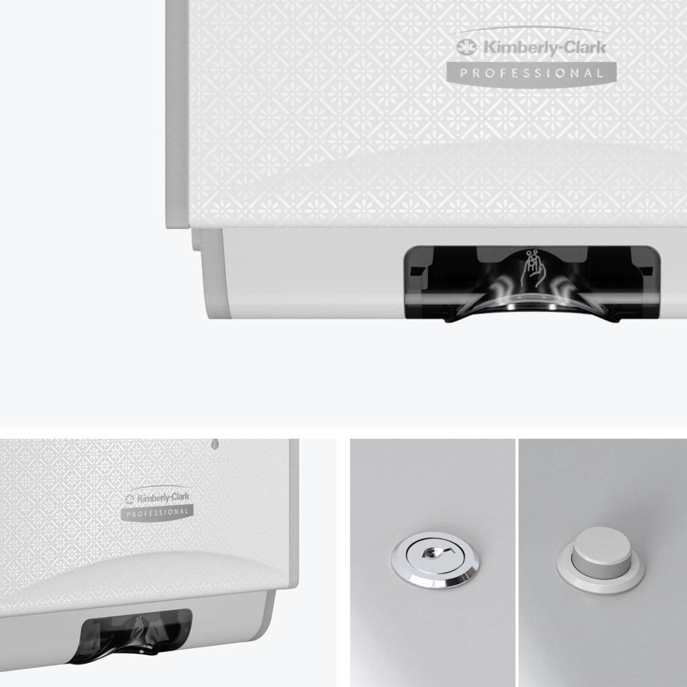 A Kimberly-Clark GmbH Professional™ Icon™ electronic skincare dispenser in White Mosaic (1.2 L) is shown from various angles, highlighting the design-driven exterior, the logo, the dispensing slot, and the touchless dispensing.