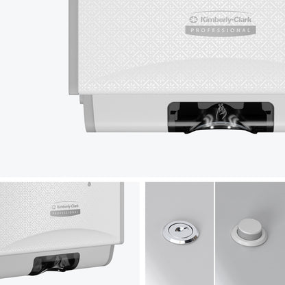 A Kimberly-Clark GmbH Professional™ Icon™ electronic skincare dispenser in White Mosaic (1.2 L) is shown from various angles, highlighting the design-driven exterior, the logo, the dispensing slot, and the touchless dispensing.