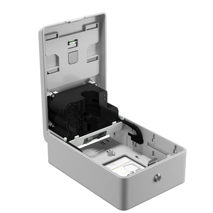The opened Kimberly-Clark Professional™ Icon™ electronic skincare dispenser (Silver Mosaic, 1.2 l, touchless) by Kimberly-Clark GmbH shows battery compartment and card slot - a hygienic solution on a white background.