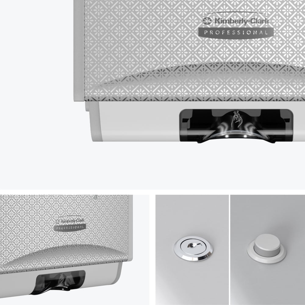 Close-ups of the Kimberly-Clark Professional™ Icon™ electronic skincare dispenser, touchless dispensing, show the Silver Mosaic design, sensor area, lock, and taste - a hygienic solution by Kimberly-Clark GmbH for modern spaces.