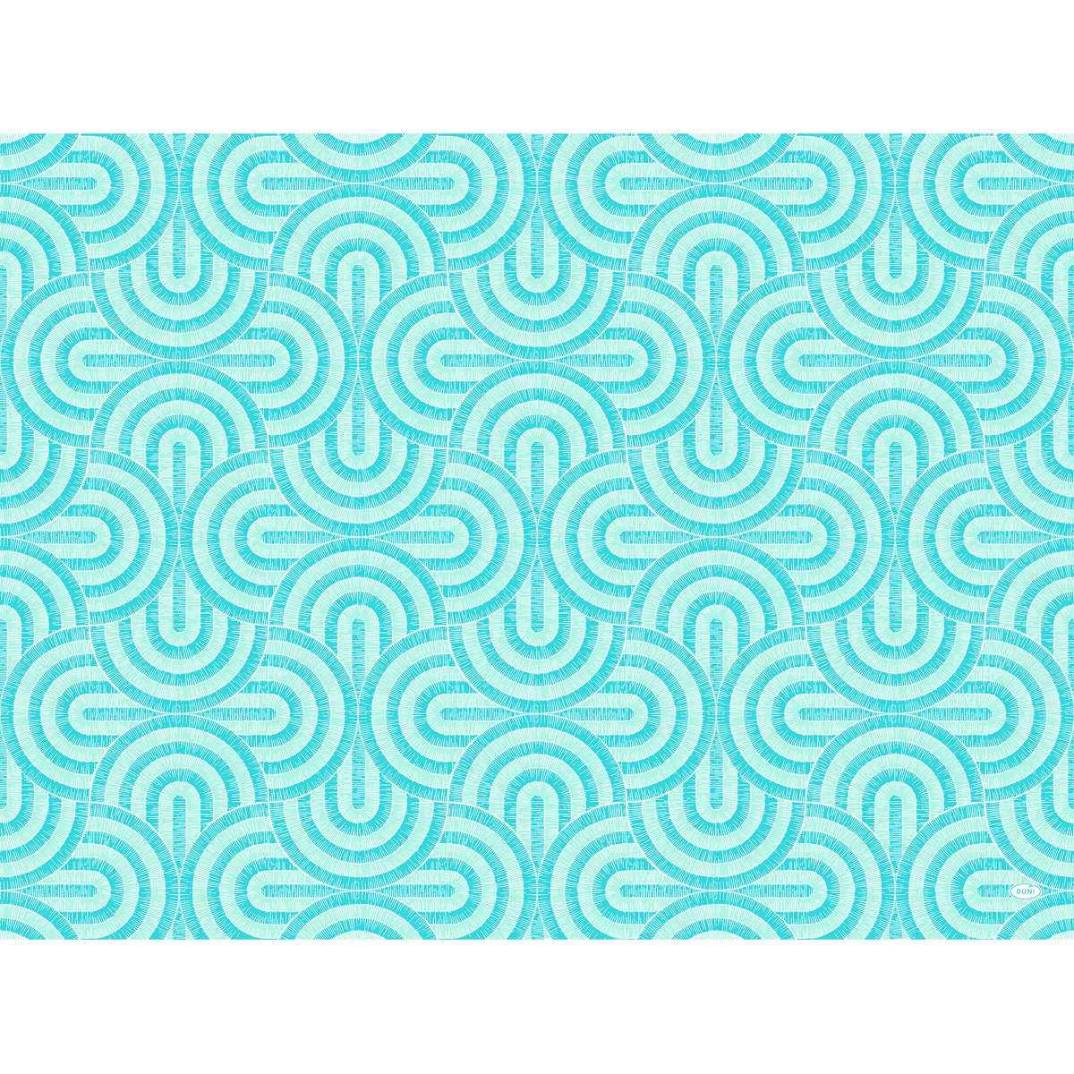Symmetrical geometric pattern with overlapping turquoise and light blue semicircles on white, creating a modern, repetitive pattern - perfect for Dunicel sets 30x40 by Duni GmbH.