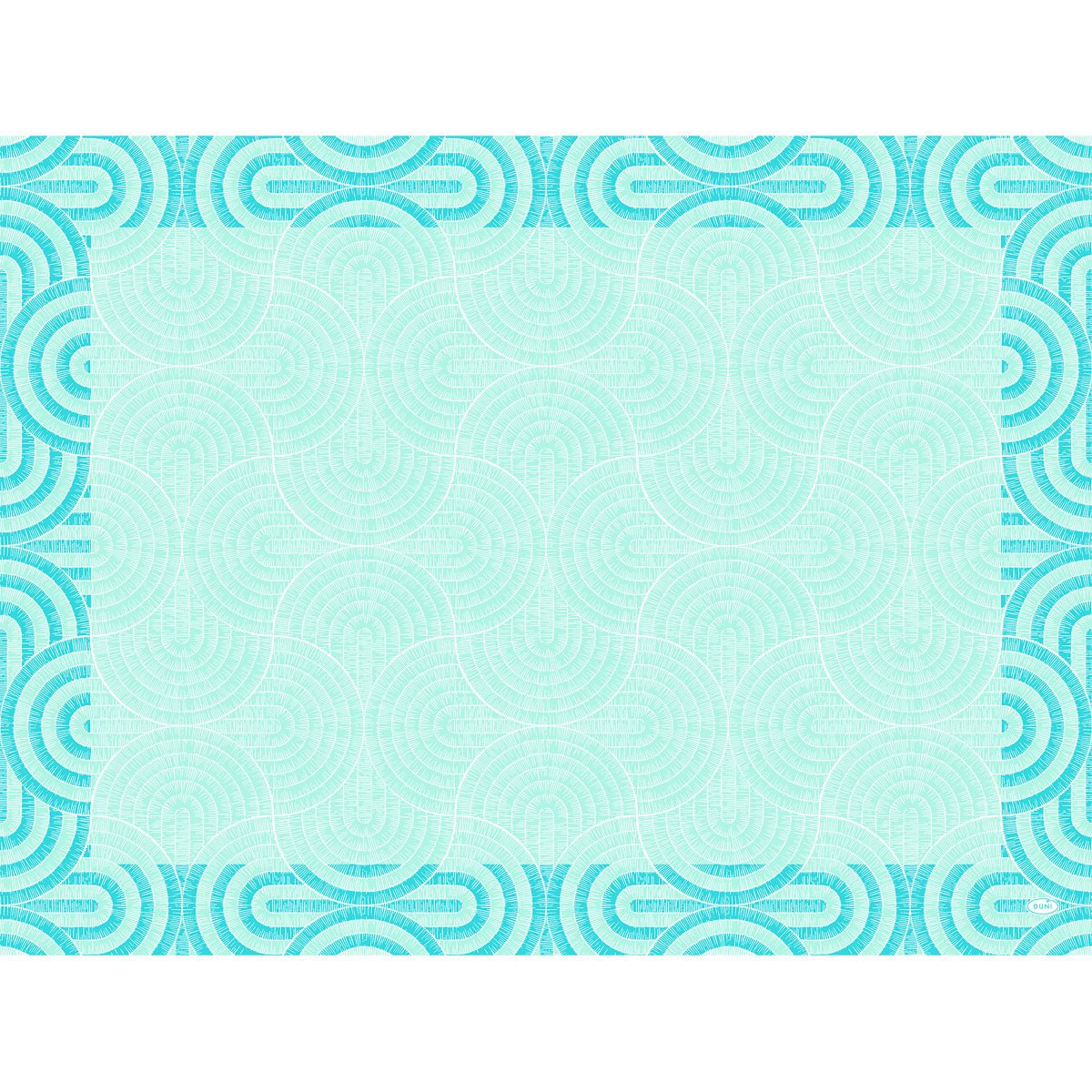 The Duni GmbH Breeze mint blue paper placemats (30x40 cm) feature a central mint blue area and a geometric border with repeating blue and turquoise circles, creating a stylish, symmetrical, Art Deco-inspired look. Package: 250 pieces.