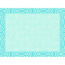 The Duni GmbH paper placemats 30x40cm Breeze mint blue feature a central mint blue area and a geometric border with repeating blue and turquoise circles, creating a stylish, symmetrical, Art Deco-inspired look. Package: 250 pieces.