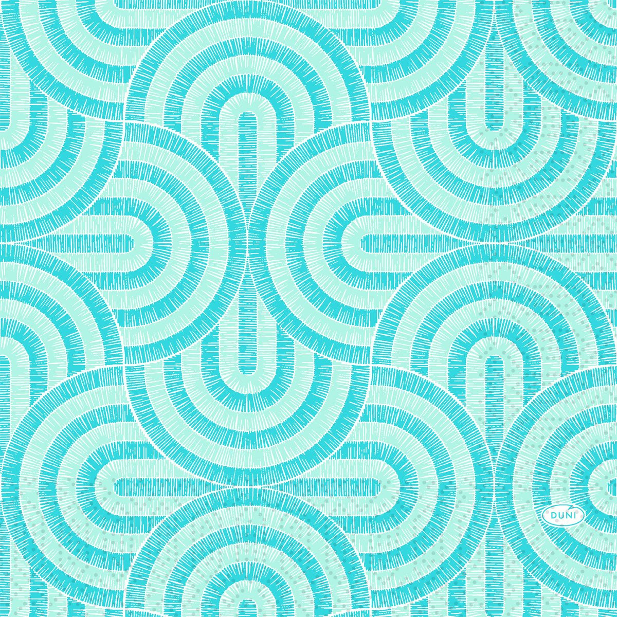 A teal and light blue geometric pattern with semicircles adorns the Duni GmbH Breeze Mint Blue Napkins 33x33 cm (250 pieces); "DUNI" is written in small letters at the bottom right.