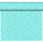 A partially unrolled roll of the DC-Tete a Tete 0.4x24m wallpaper by Duni GmbH displays a geometric retro pattern of concentric arches and circles in teal and white against a white background. It is weather-resistant for added durability.