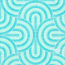 A geometric pattern of overlapping turquoise and light blue semicircular arcs with grid lines adorns the napkin by Duni GmbH, 24x24 3-ply 1/4; "DUNI" is visible in a small oval in the lower right corner.
