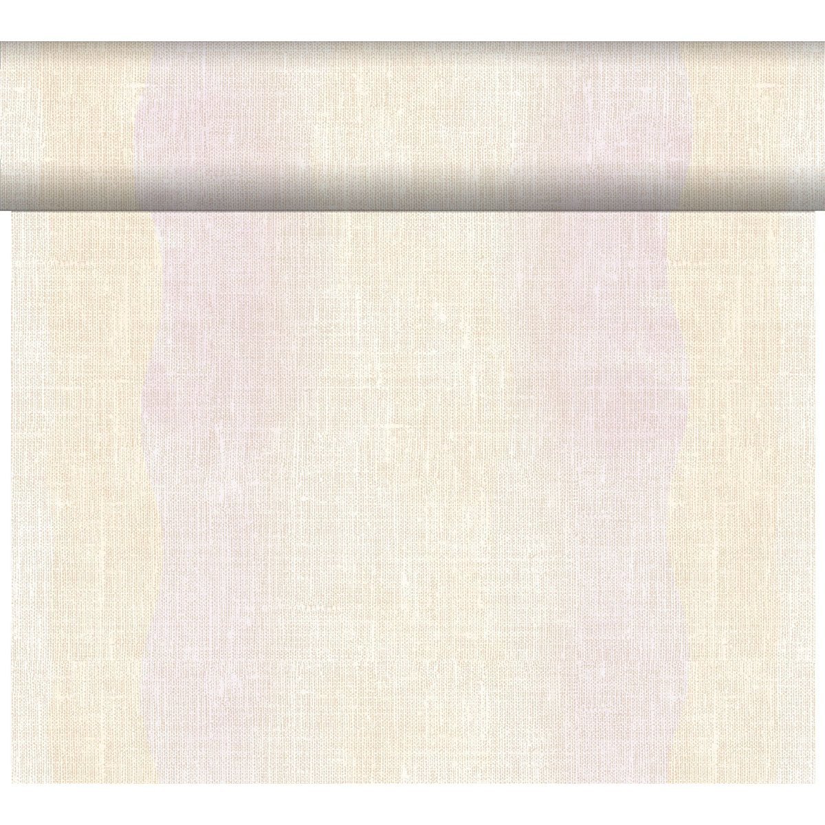 A roll of Duni GmbH Dunicel Tête-à-Tête table runner (24 m x 0.4 m, 20 sections) in light beige is partially unrolled to showcase its elegant woven texture as a stylish table decoration against a simple white background.