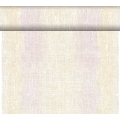 A roll of Duni GmbH Dunicel Tête-à-Tête table runner (24 m x 0.4 m, 20 sections) in light beige is partially unrolled to showcase its elegant woven texture as a stylish table decoration against a simple white background.