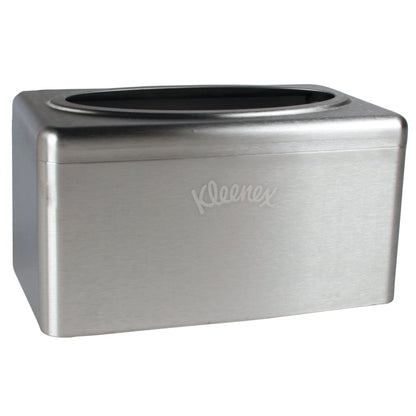 The Kleenex® towel dispenser made of stainless steel by Kimberly-Clark GmbH is a compact, chrome-plated tissue box cover with an oval lid opening and "Kleenex" engraving, featuring a practical pull-box function for easy removal. Contains 2 dispenser boxes per carton.