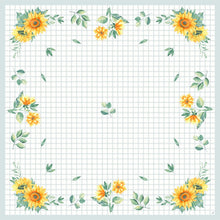 The Dunicel tablecloth 84x84 Sunflower day 20P. from Duni GmbH has a grid-like background with yellow sunflowers and green leaves at the edge, giving your table a festive touch. The package contains 20 decorative napkins.