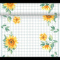 The DC-Tete a Tete 0.4x24m by Duni GmbH features a white background with a light gray grid and yellow sunflowers with green leaves in each corner, creating a decorative border reminiscent of summer.