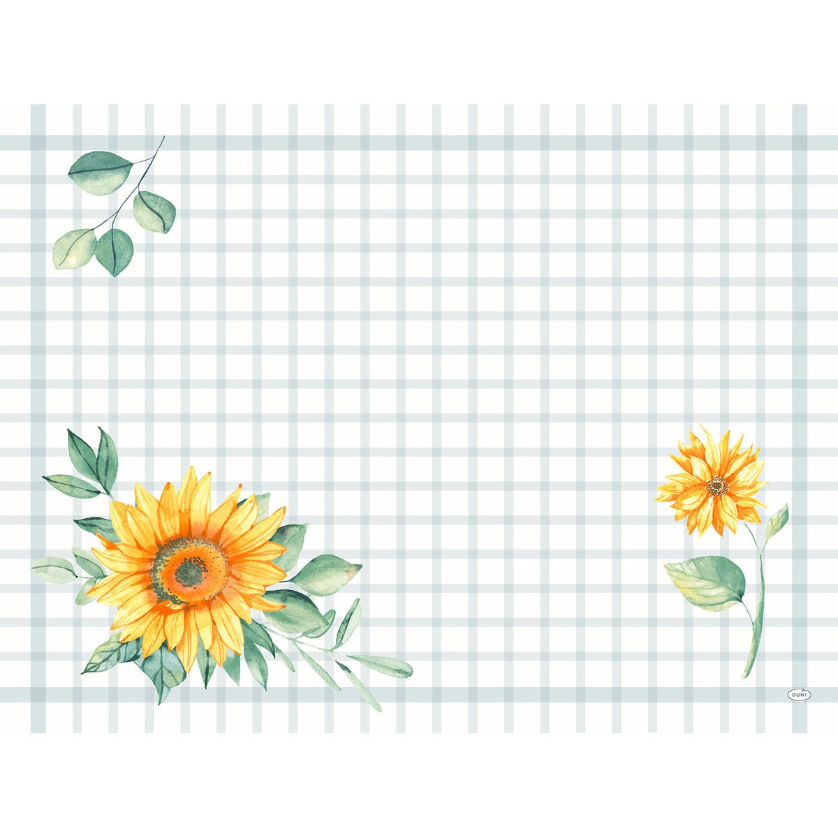 The Dunicel sets 30x40 from Duni GmbH feature a light blue and white checkered background with two yellow sunflowers and green leaves - a large one at the bottom left, a smaller one in the lower right quadrant.