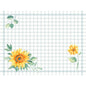 The Dunicel sets 30x40 from Duni GmbH feature a light blue and white checkered background with two yellow sunflowers and green leaves - a large one at the bottom left, a smaller one in the lower right quadrant.