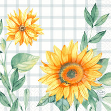 Two yellow sunflowers with green leaves are depicted on a white-light gray checkered background. This watercolor-style decor makes the Duni GmbH Serv.33x33 3lg 1/4 Sunflower Napkins (pack, 50 pieces) perfect for any set table.