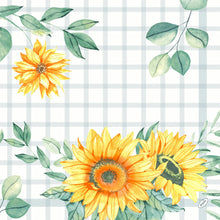Classic sunflower seeds, 40x40 cm paper napkins from Duni GmbH with watercolor sunflowers and green leaves on a blue-white checkered background. Contains two large, one small flower and scattered branches. Pack of 50 pieces.