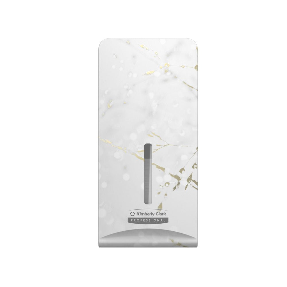 The Kimberly-Clark Professional™ Icon™ Dispenser Faceplate - FTT by Kimberly-Clark GmbH (27.80 x 13.10 x 1.40 cm) features a subtle marble design and a vertical viewing window, blending perfectly into any washroom decor.