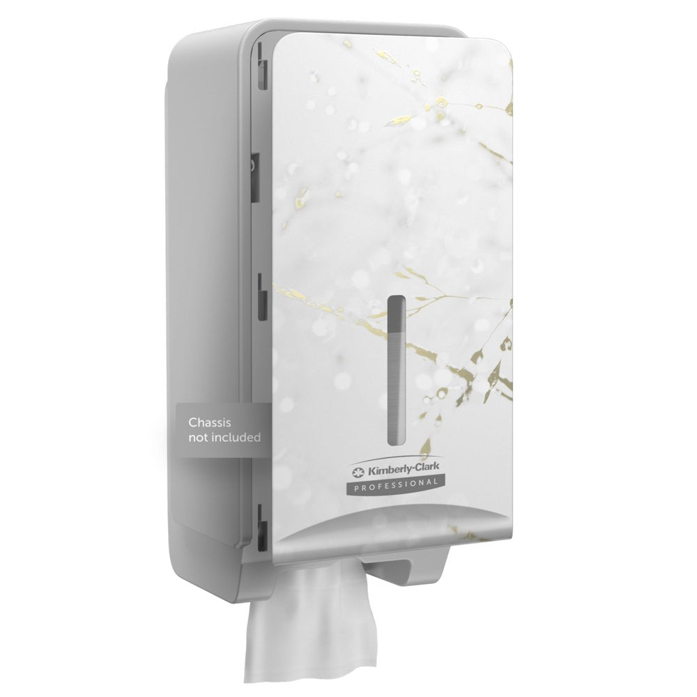 A Kimberly-Clark Professional™ Icon™ Dispenser Faceplate - FTT (27.80 x 13.10 x 1.40 cm) in white and golden marble, by Kimberly-Clark GmbH, is mounted on the wall, with a white paper towel partially dispensed; "Chassis not included." Ideal for washroom setup.