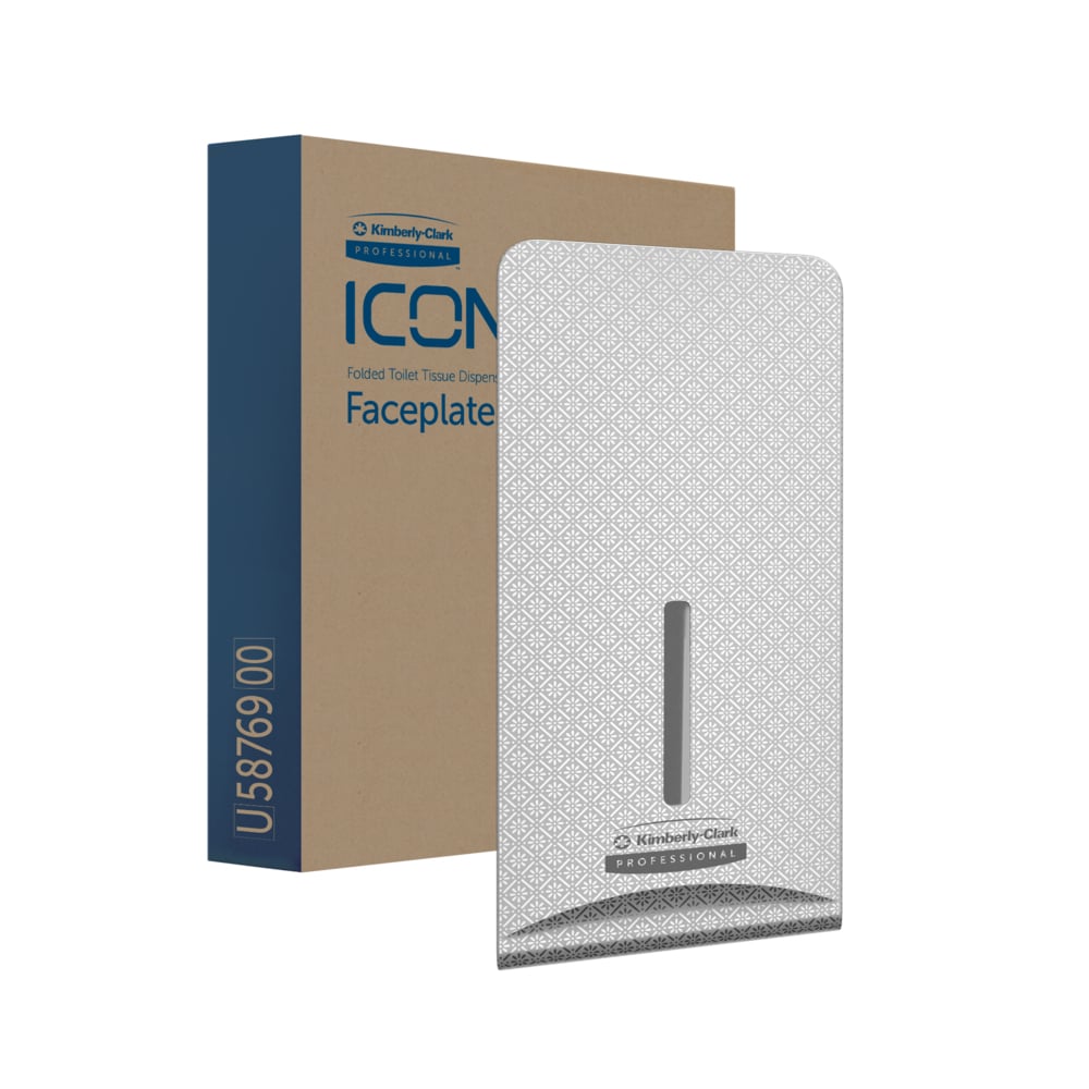 A box labeled "Kimberly-Clark™ Icon™ Dispenser Faceplate - FTT" (27.80 x 13.10 x 1.40 cm) by Kimberly-Clark GmbH is pictured next to a patterned faceplate with a vertical slot, ideal for washroom setups and equipped with a small label at the bottom.