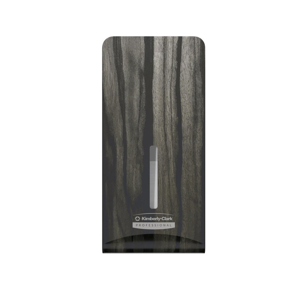 The Kimberly-Clark GmbH Professional™ Icon™ Dispenser Faceplate - FTT (27.80 x 13.10 x 1.40 cm) features a dark wood grain design with a vertical window, which is ideal for modern washrooms and is depicted on a white background.