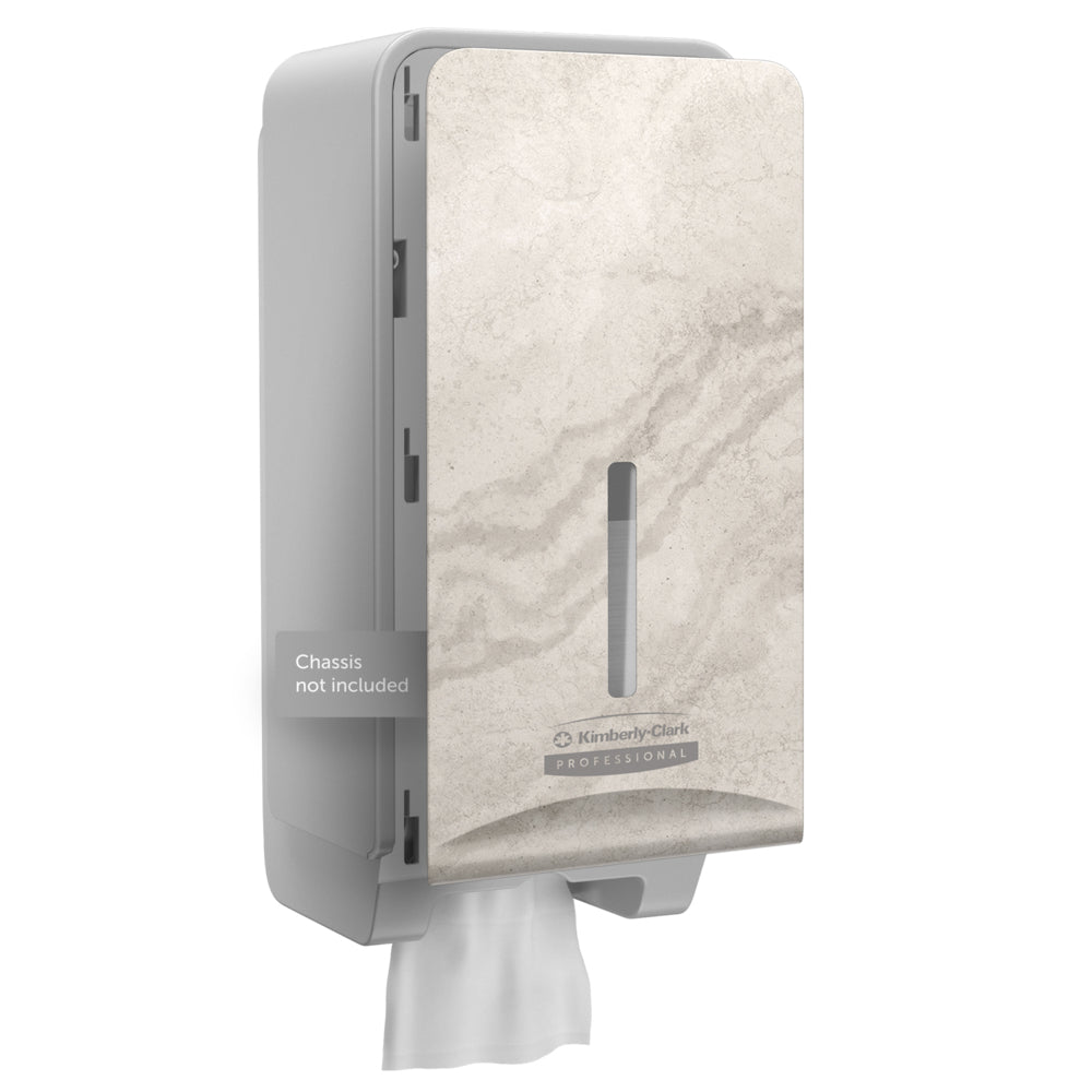 The Kimberly-Clark Professional™ Icon™ Dispenser Faceplate - FTT by Kimberly-Clark GmbH has a beige marbled front, a vertical window, and a label reading "Chassis not included" - perfect for a modern washroom design. Size: 27.80 x 13.10 x 1.40 cm.