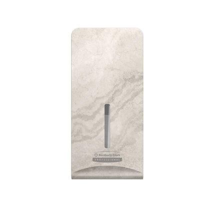 The Kimberly-Clark Professional™ Icon™ Dispenser Faceplate - FTT (27.80 x 13.10 x 1.40 cm) by Kimberly-Clark GmbH has a light gray marble pattern and a vertical window, ideal for modern washrooms and compatible with multiple dispenser units.