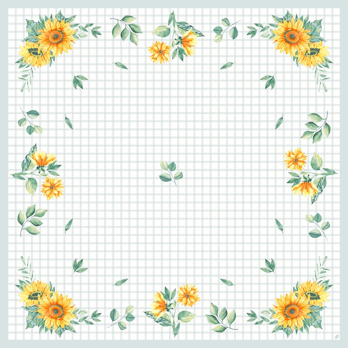 A square Dunicel centerpiece 84x84cm sunflower tablecloth by Duni GmbH features a sunflower pattern with watercolor sunflowers, yellow blooms, and green leaves in each corner - ideal as a disposable tablecloth. The center is left clear; small leaf accents line the edges.