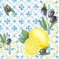 Watercolor illustration of lemons, olives, and blue-white floral geometric tiles on Duni GmbH classic napkins 40 x 40 cm, 4-ply, embossed, 1/4 fold.