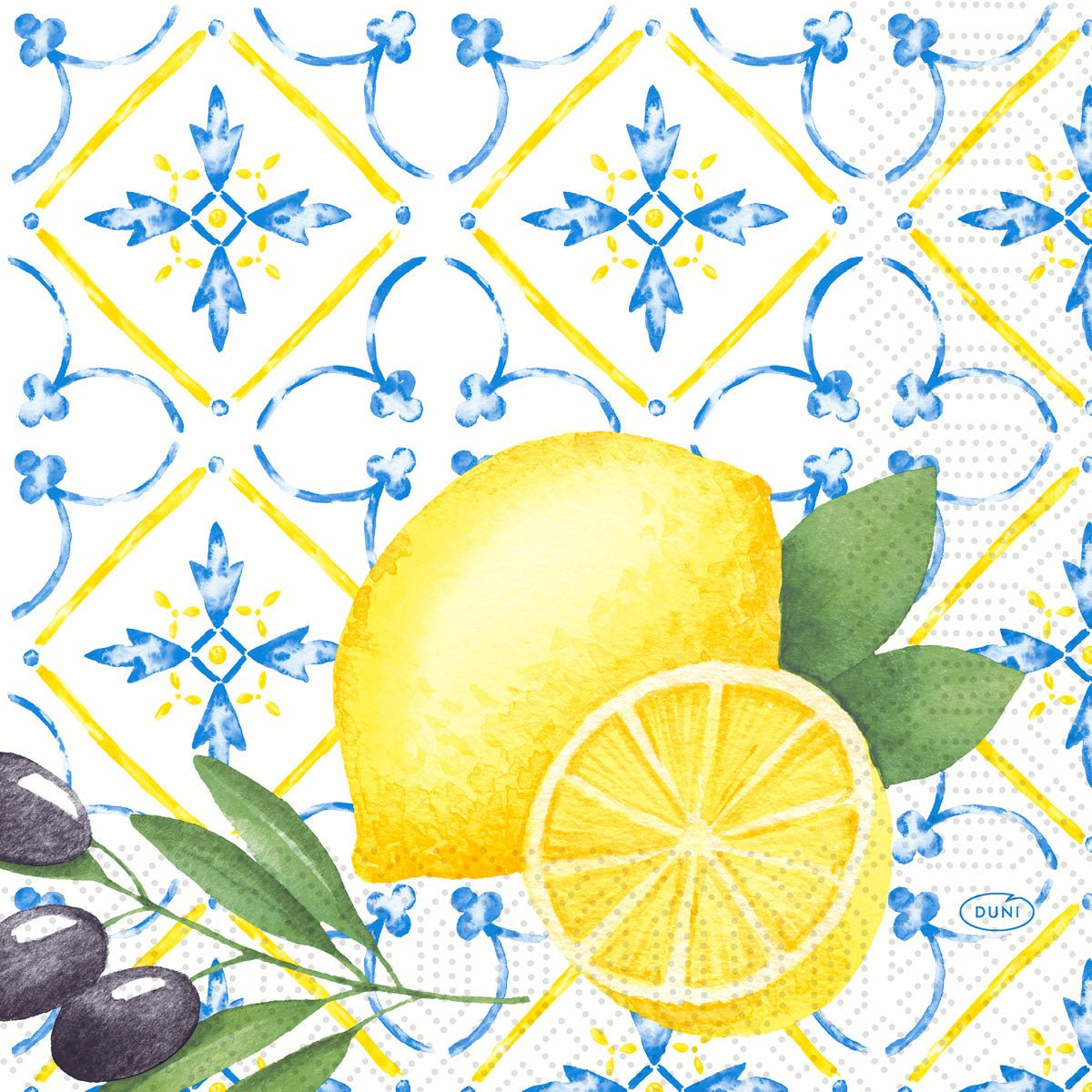 A watercolor motif with lemons, lemon slices, green leaves, and black olives on blue-yellow tiles adorns the Duni GmbH paper napkins 33x33 cm, 3-ply, Mediterranean. The package contains 50 napkins.
