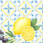 A watercolor motif with lemons, lemon slices, green leaves, and black olives on blue-yellow tiles adorns the Duni GmbH paper napkins 33x33 cm, 3-ply, Mediterranean. The package contains 50 napkins.